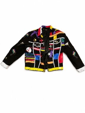 NEVER WORN Rare 90s Vintage MODI Black Neon Sequin Jacket Medium Stars & Flags
